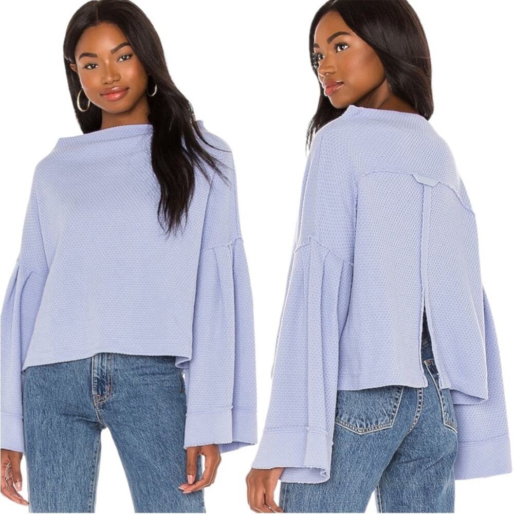 Free People Bunny Tee Knit Pullover in Blue Moon Quartz Bell Sleeves XS